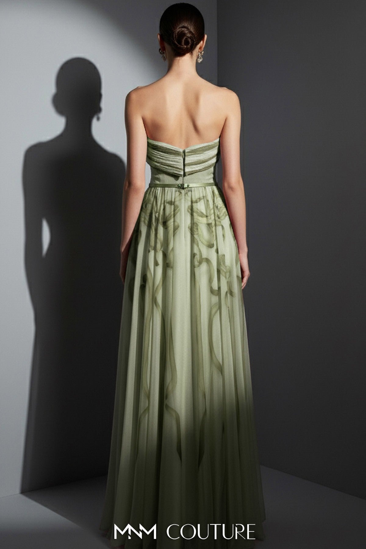 Green Strapless Flowing Chiffon Gown