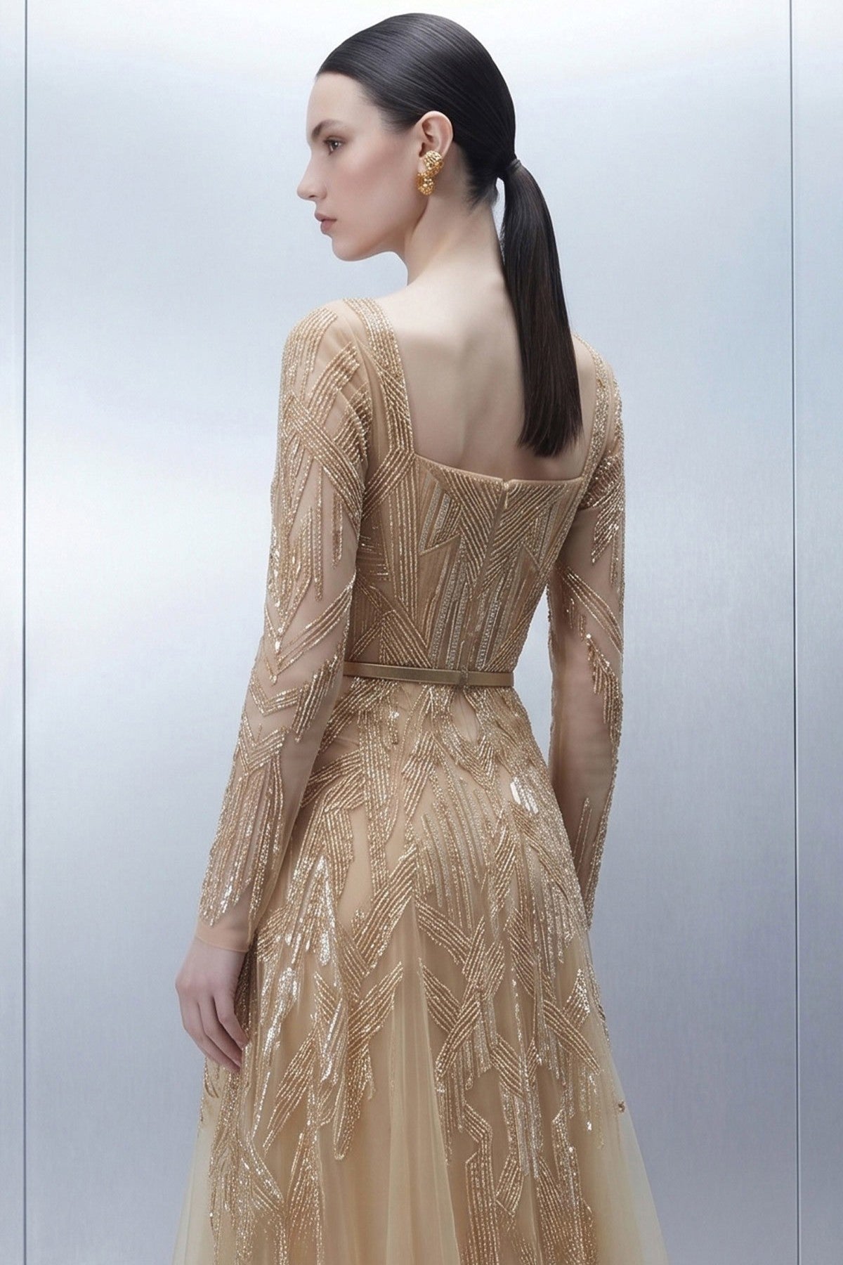 Long Sleeve Embellished A-Line Gown