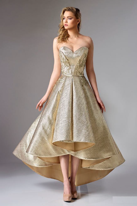 Gold Strapless Brocade High-Low Dress