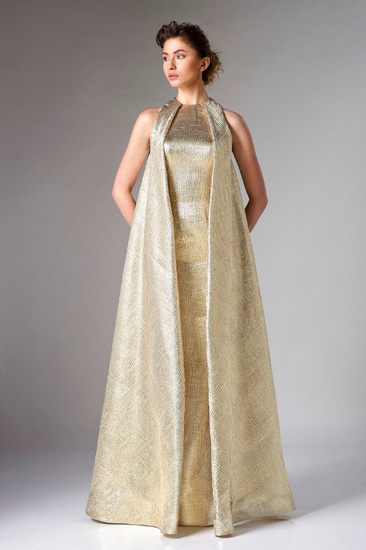 Gold Sleeveless Brocade Evening Gown