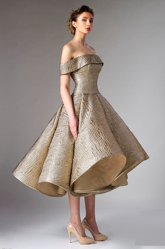Copper Brocade Off Shoulder Midi-Tea Dress