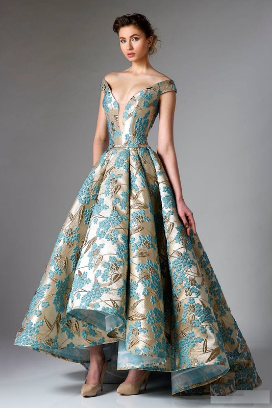 Blue Off Shoulder Jacquard Evening Gown