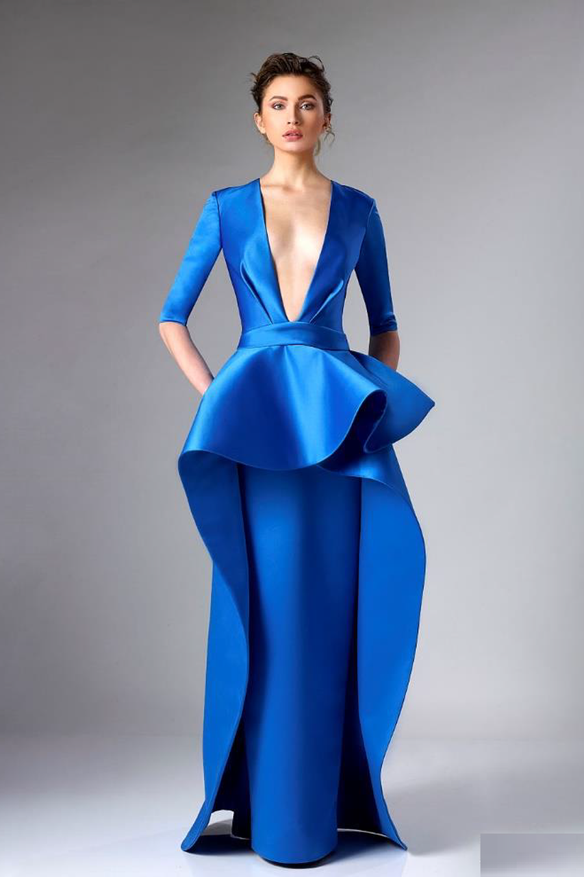 Blue Satin Peplum Evening Gown