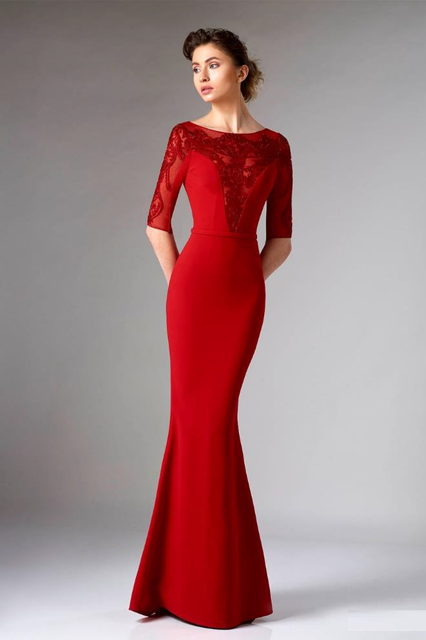 Red Crepe Embroidered Evening Gown