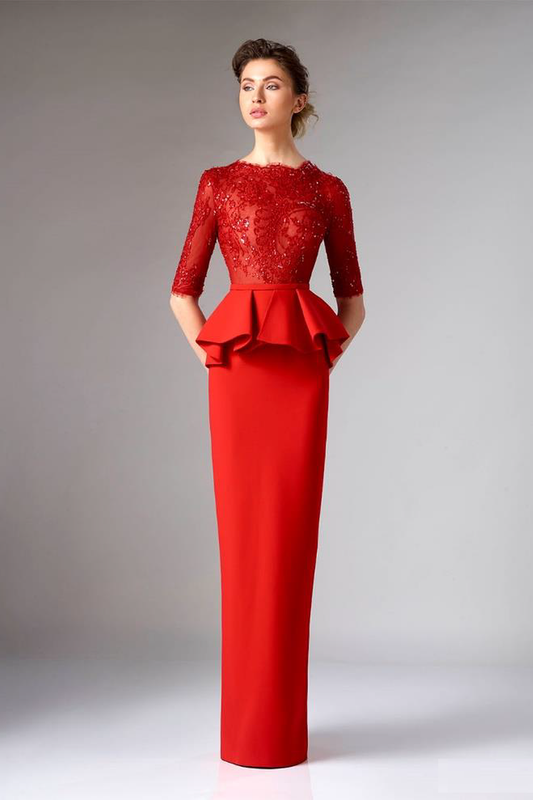 Red Crepe Embroidered Column Gown