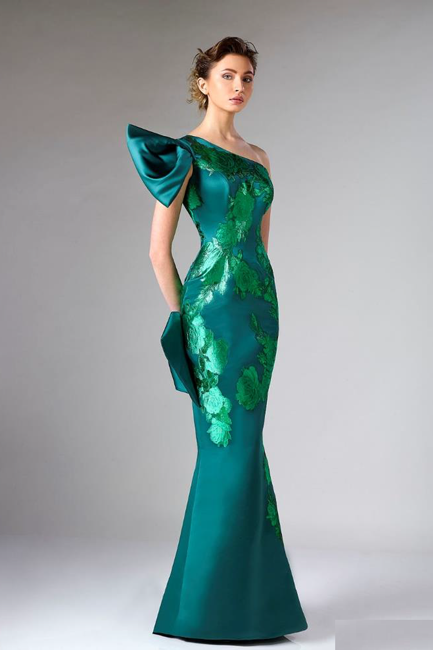 Green One Shoulder Fitted Evening Gown