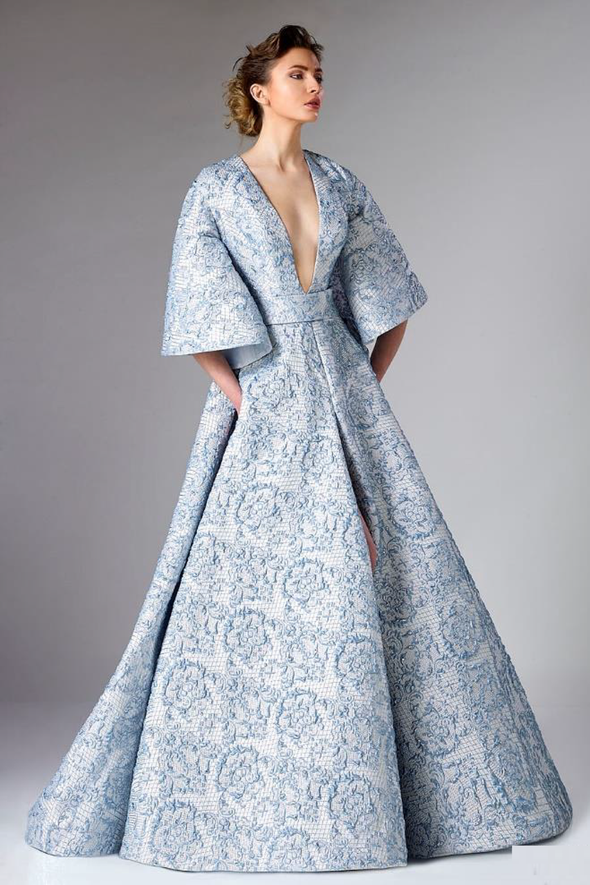 Plunging V Neck Jacquard Gown