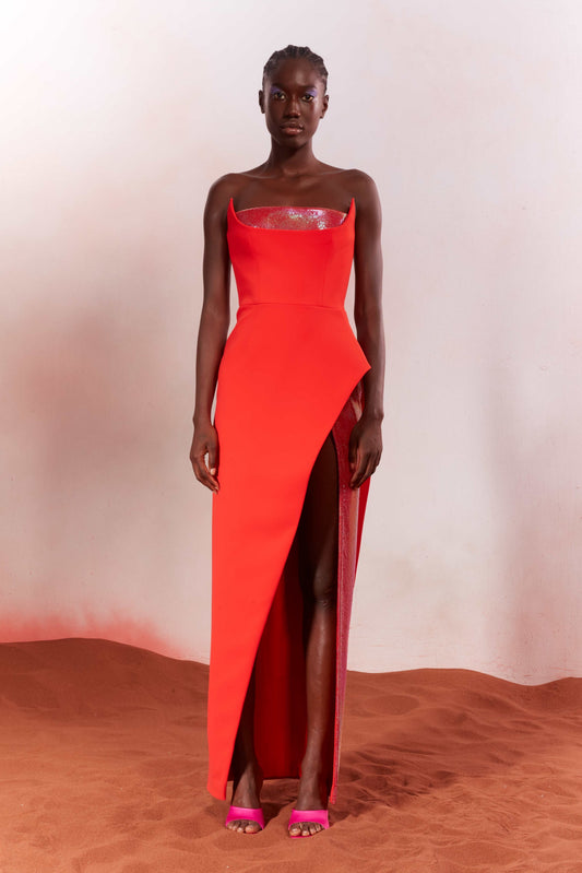 Coral Red Strapless Gown