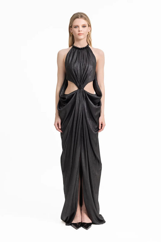 Embellished Draped Lamé Dress