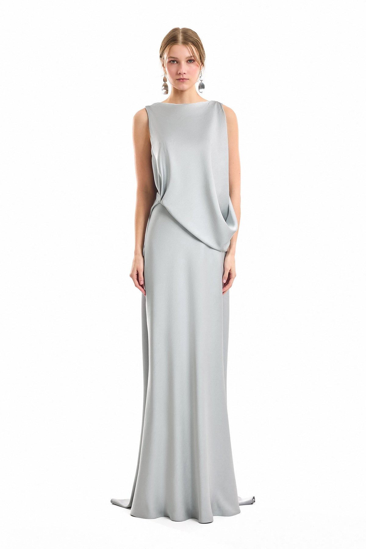 Bateau-Neck Satin Dress - Silver