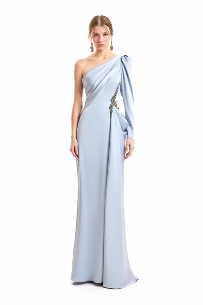 One-Shoulder Satin Dress - Blue