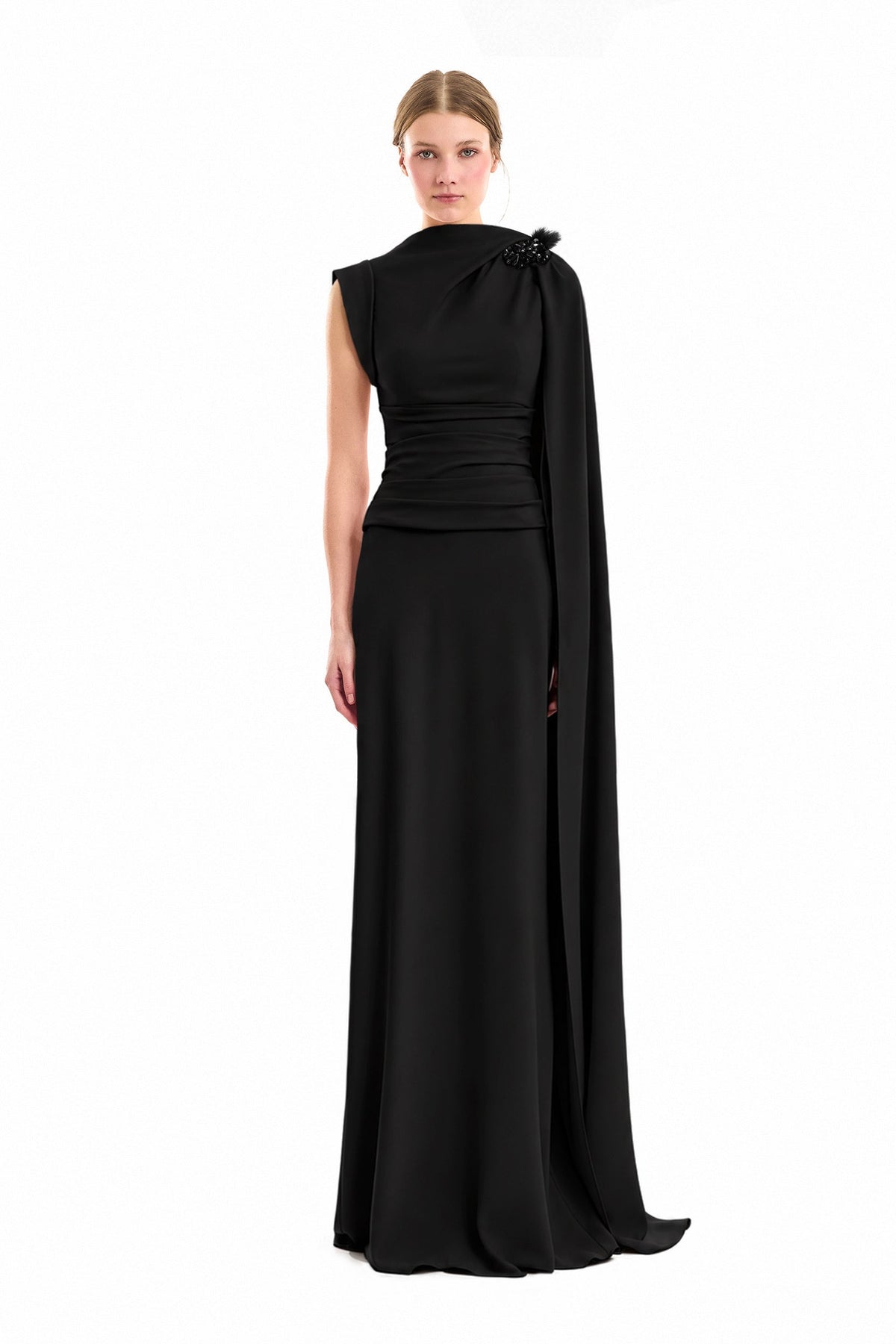 Feathered Shoulder Dress - Black