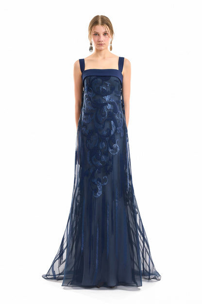 Sheer Overlay Dress - Navy