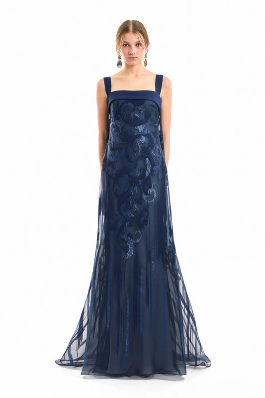 Sheer Overlay Dress - Navy