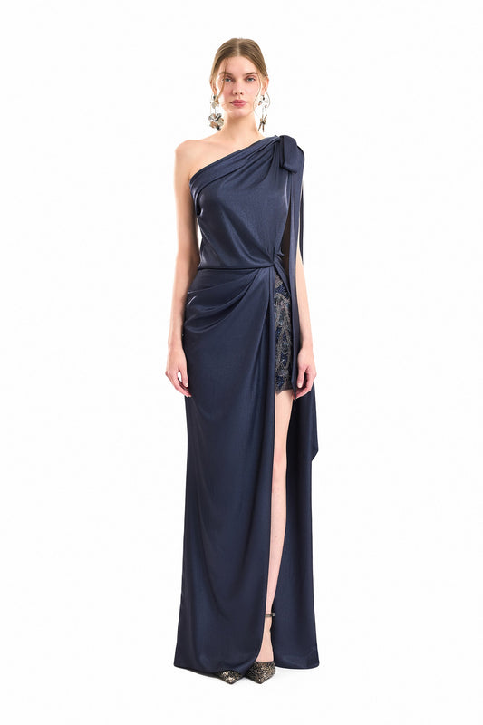 One-Shoulder Slit Dress - Navy
