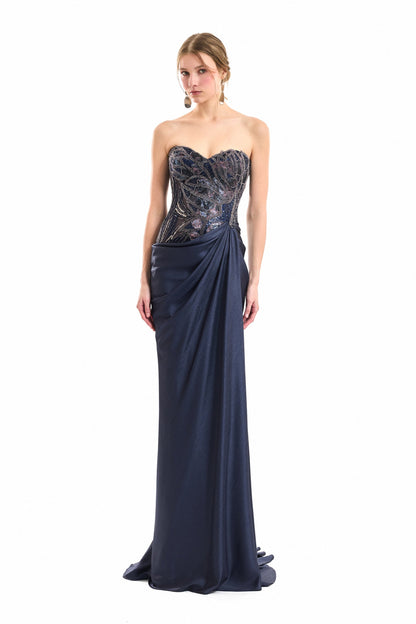 Sweetheart Beaded Dress - Navy