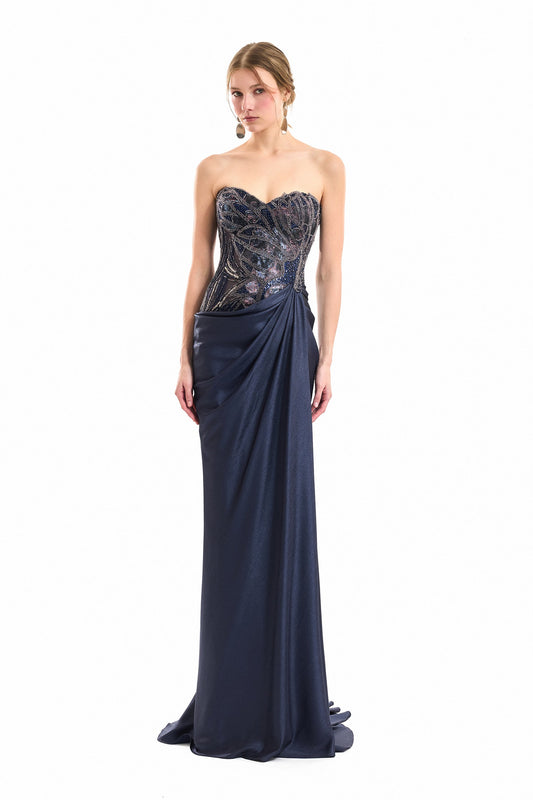 Sweetheart Beaded Dress - Navy