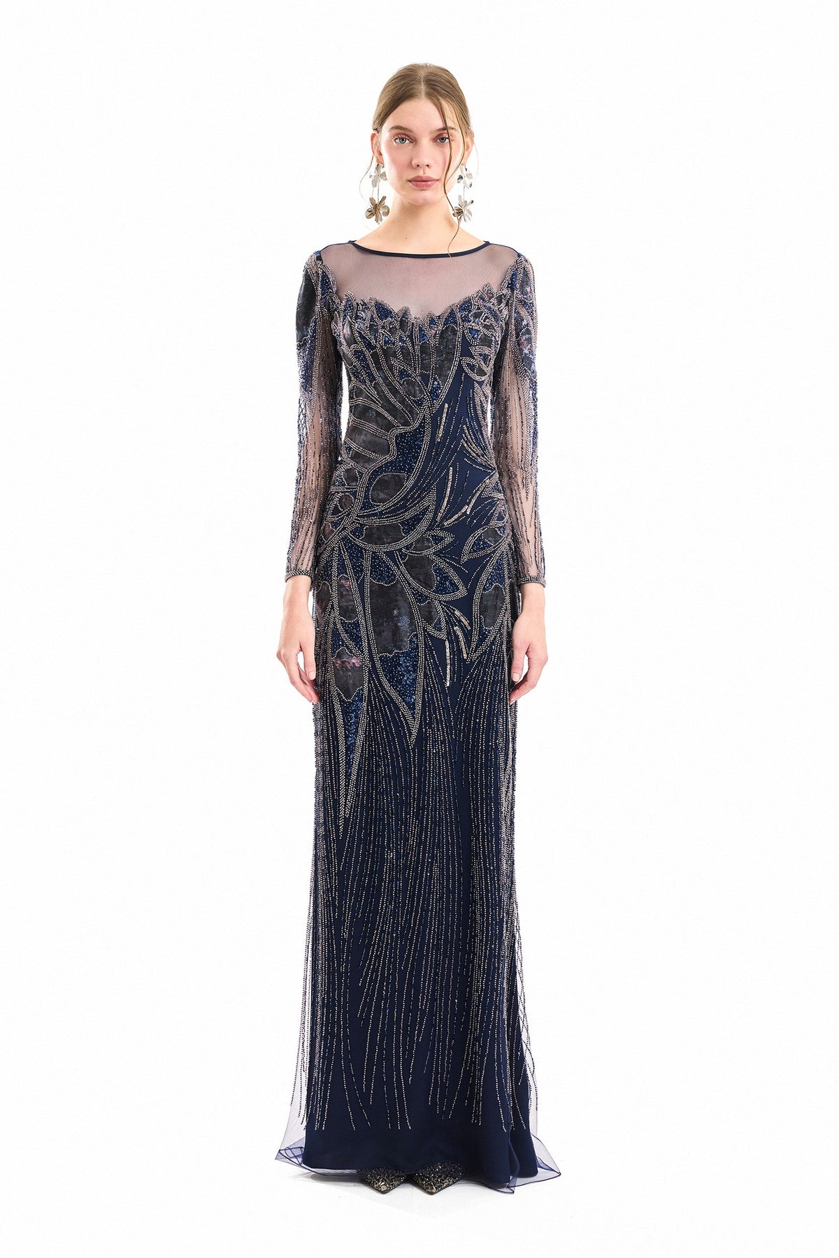 Beaded Illusion Dress - Navy