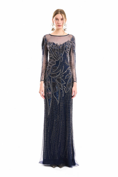 Beaded Illusion Dress - Navy