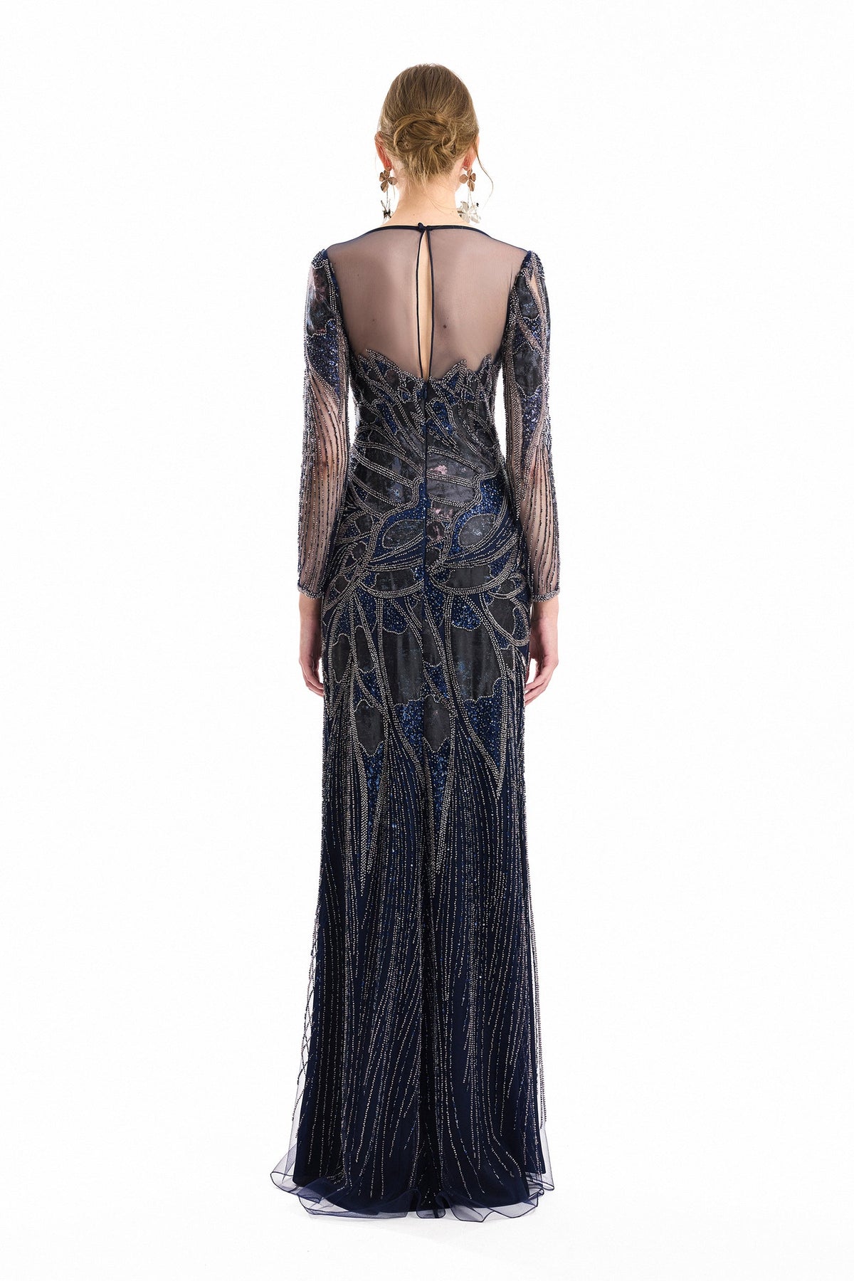 Beaded Illusion Dress - Navy