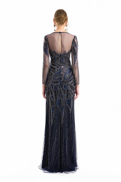 Beaded Illusion Dress - Navy