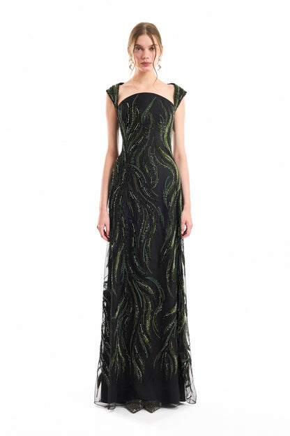 Wide-Strap Beaded Dress - Black