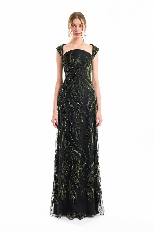 Wide-Strap Beaded Dress - Black