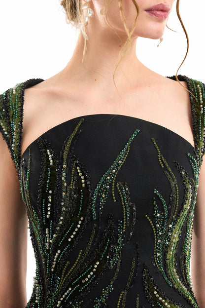 Wide-Strap Beaded Dress - Black