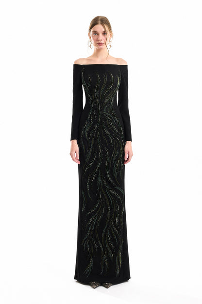 Off-Shoulder Beaded Dress - Black