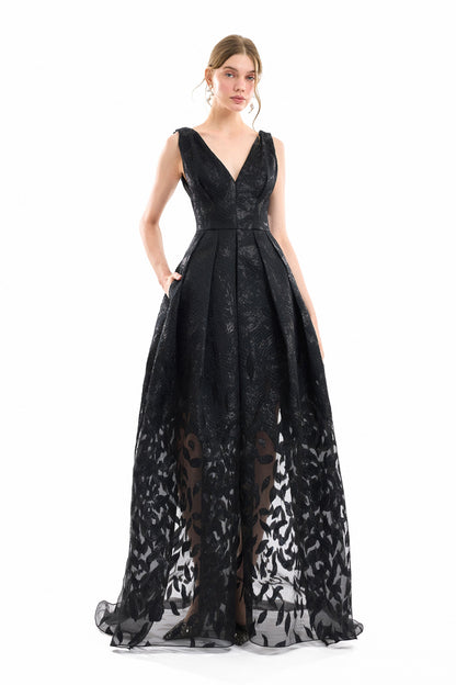 V-Neck Jacquard Dress - Black