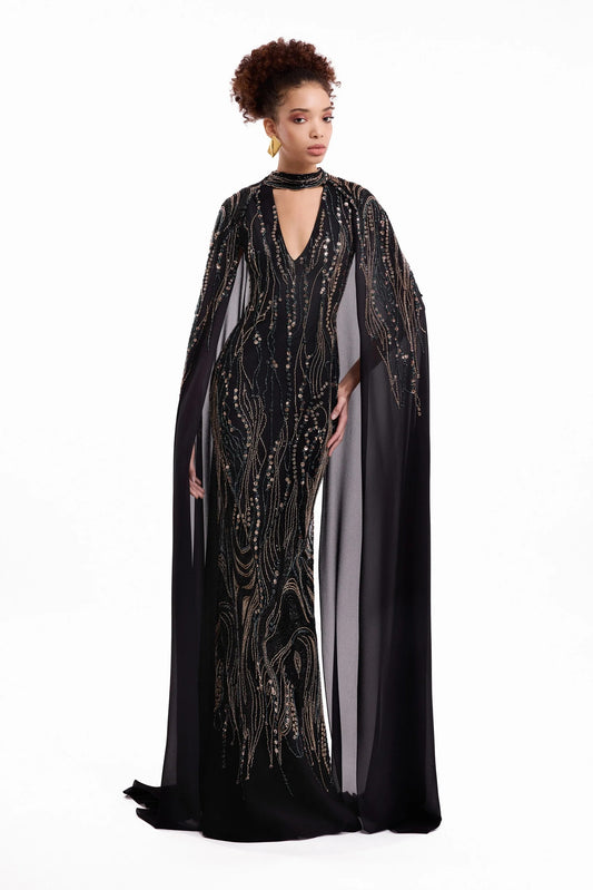 Beaded V-Neck Cape Dress