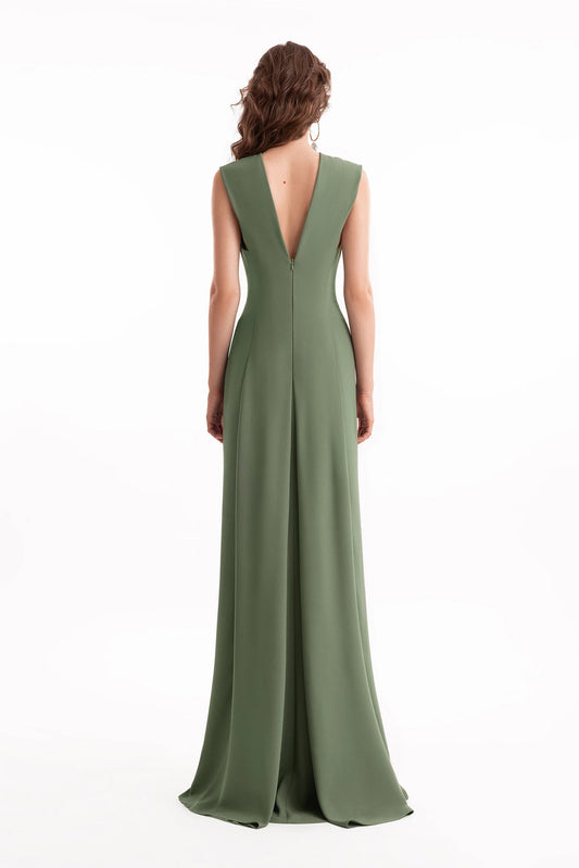 Slim V-Neck Dress with Pleated Shoulders