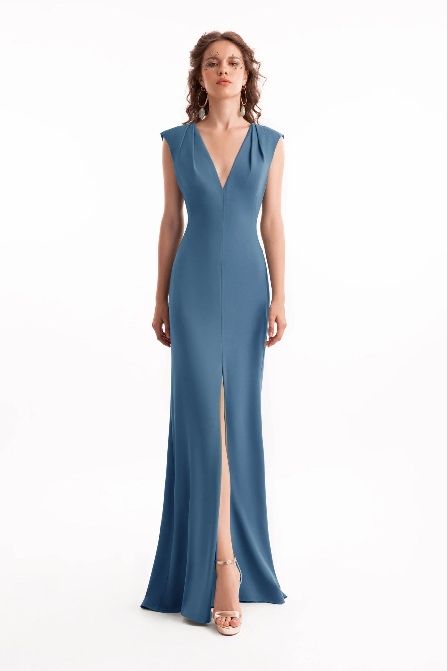 Slim V-Neck Dress with Pleated Shoulders