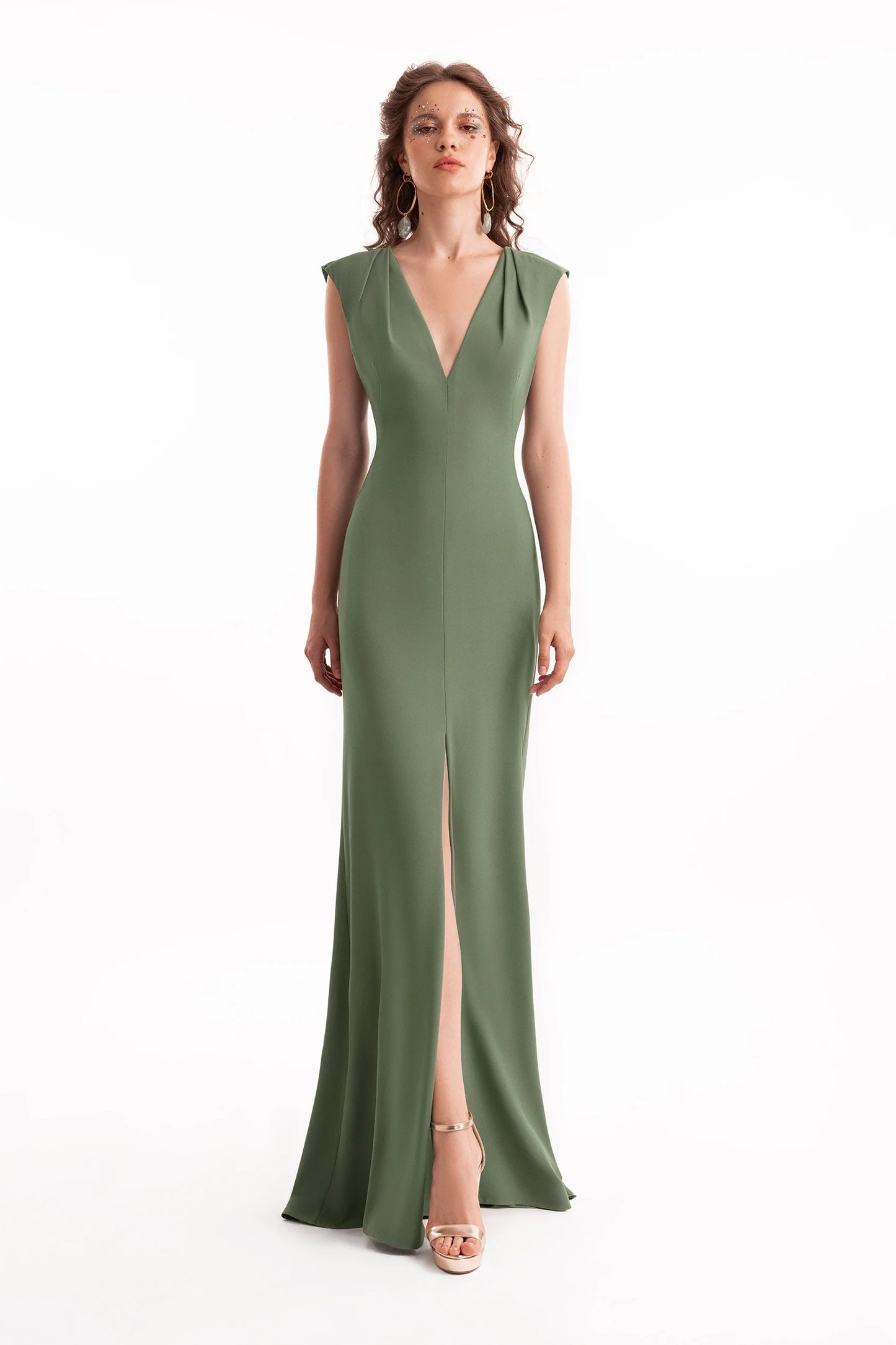 Slim V-Neck Dress with Pleated Shoulders
