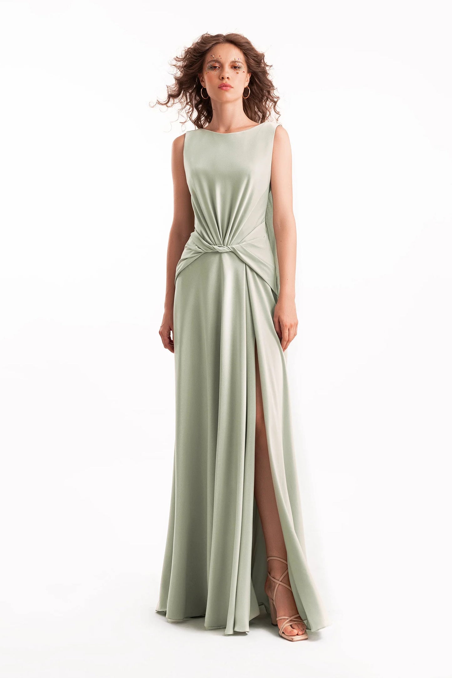 Draped Satin Dress with Knot Waist
