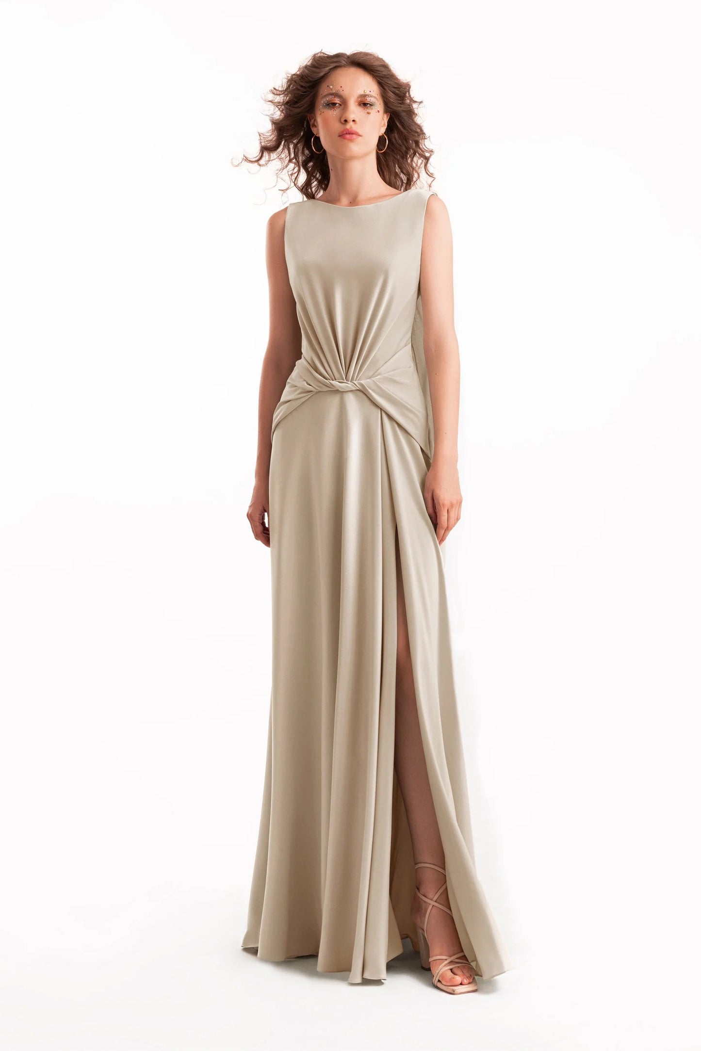 Draped Satin Dress with Knot Waist