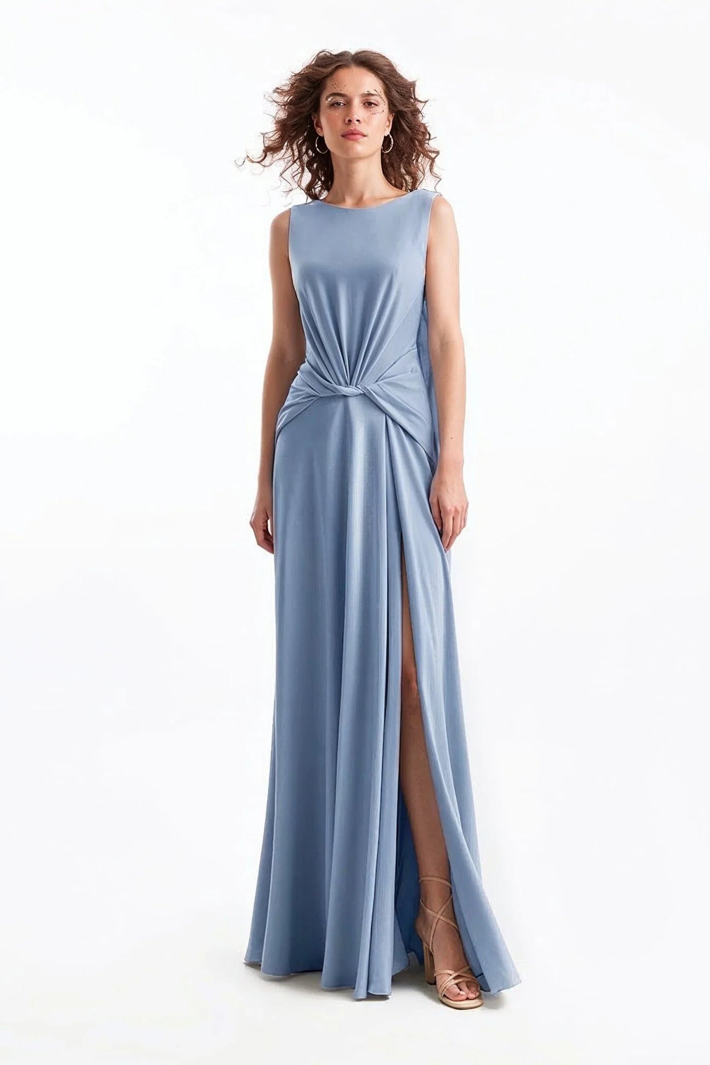 Draped Satin Dress with Knot Waist