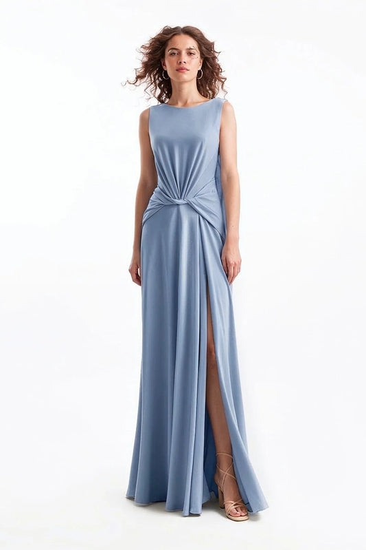 Draped Satin Dress with Knot Waist