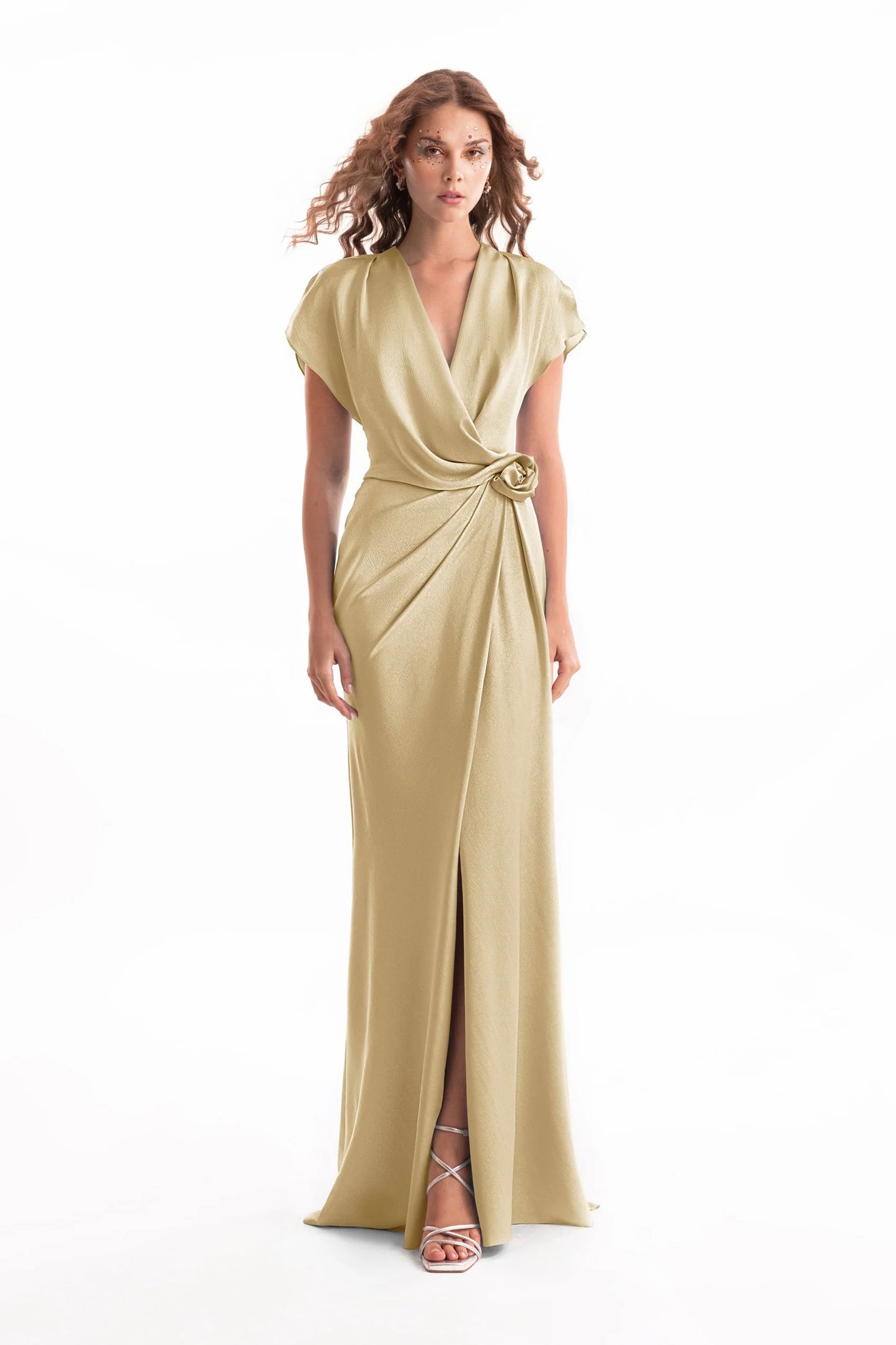 Draped V-Neck Dress with Flower Detail