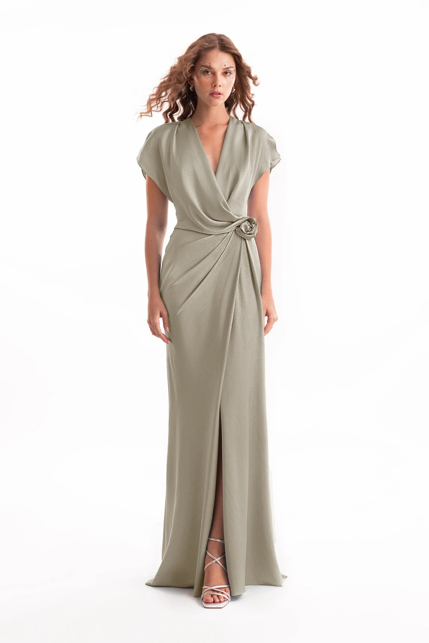 Draped V-Neck Dress with Flower Detail