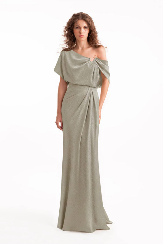 Gold Buckle Asymmetrical Draped Dress