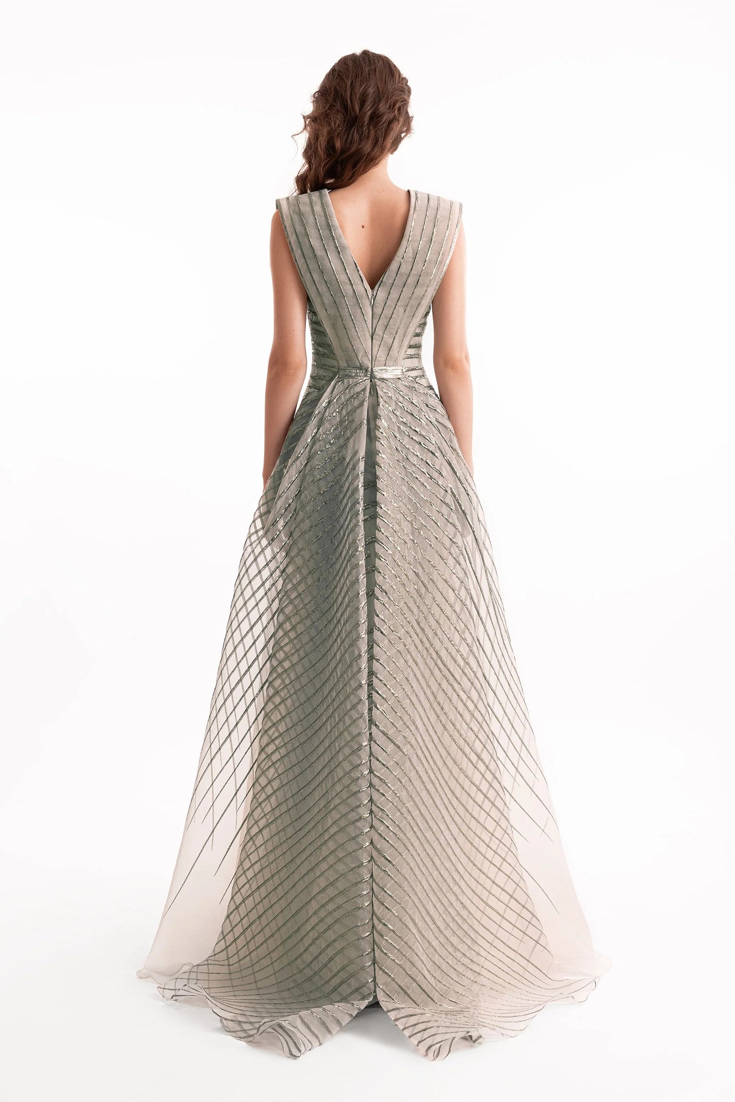 V-Neck Devoré Striped Organza Dress