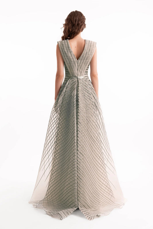 V-Neck Devoré Striped Organza Dress