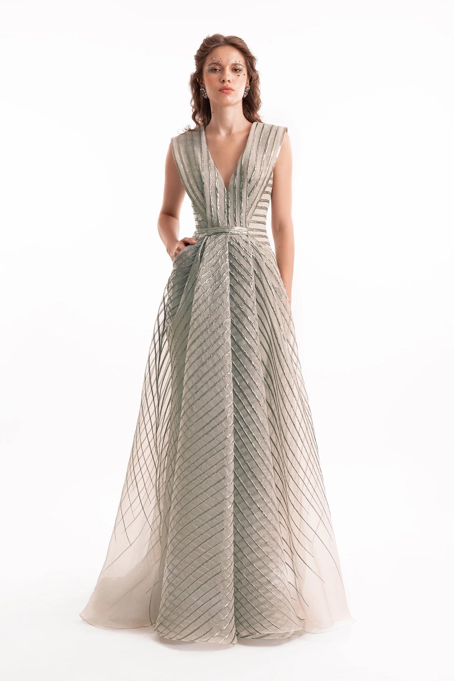 V-Neck Devoré Striped Organza Dress