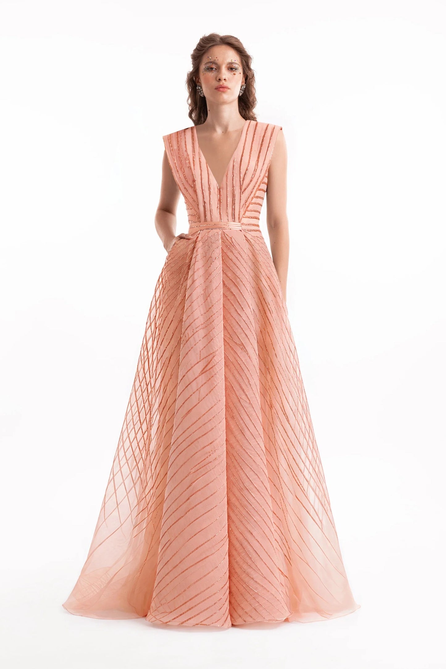V-Neck Devoré Striped Organza Dress