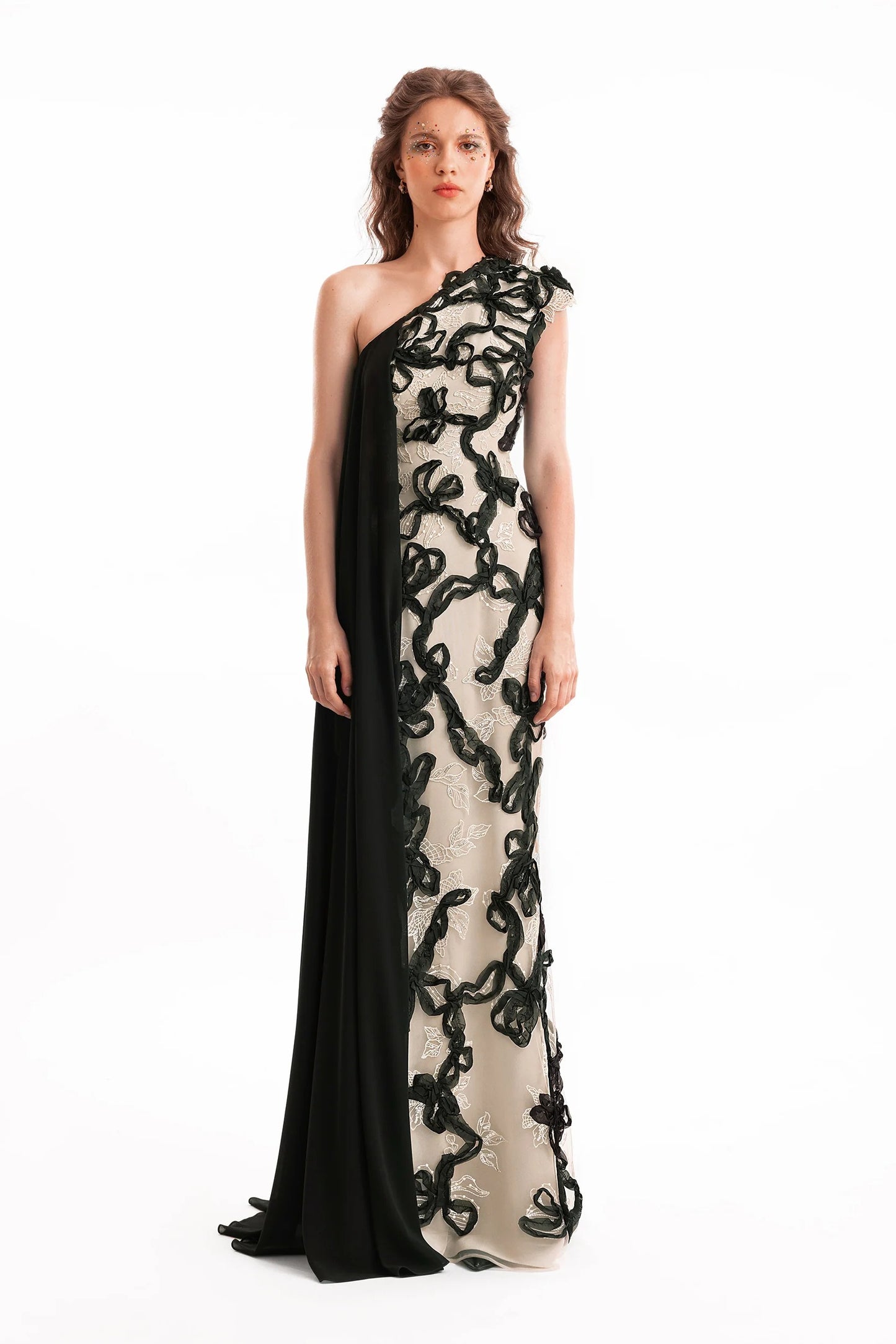 One-Shoulder 3D Embroidered Dress