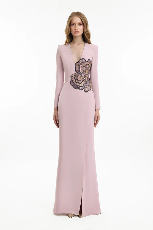 Beaded Floral V-Neck Dress