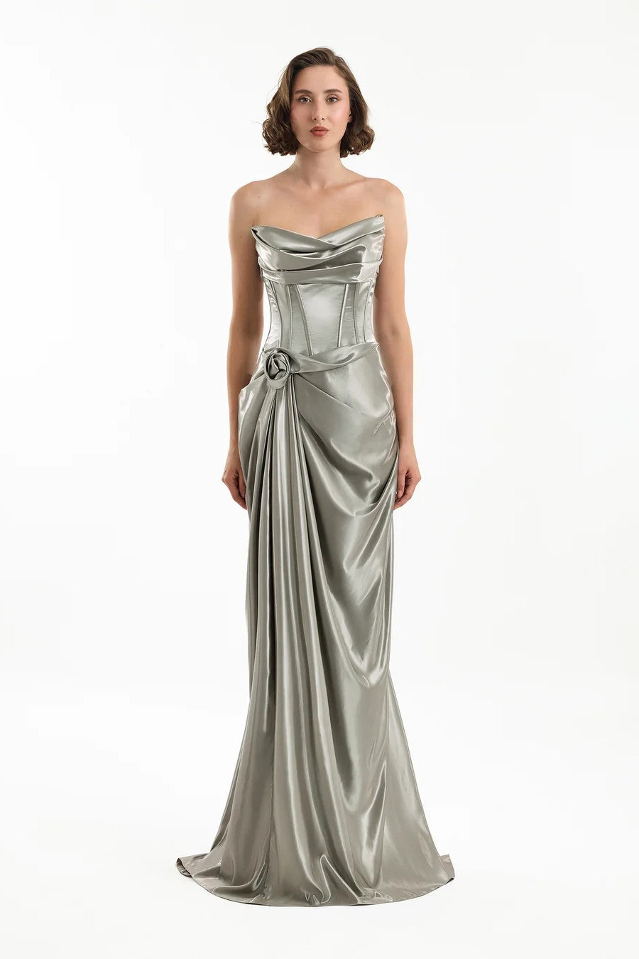 Strapless Metallic Satin Dress