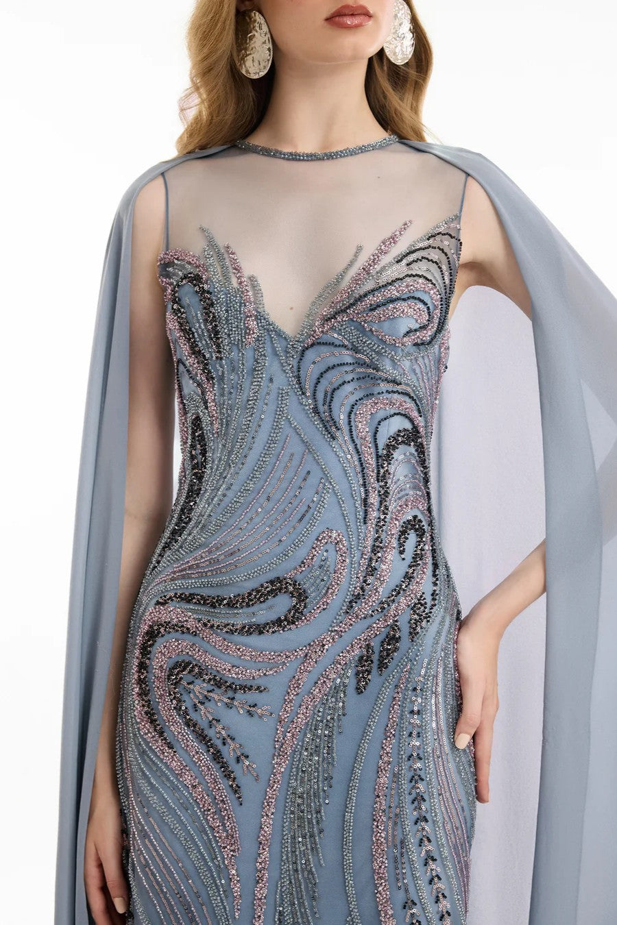 Fitted Beaded Dress with Sheer Neckline