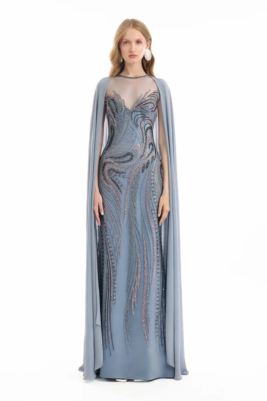 Fitted Beaded Dress with Sheer Neckline